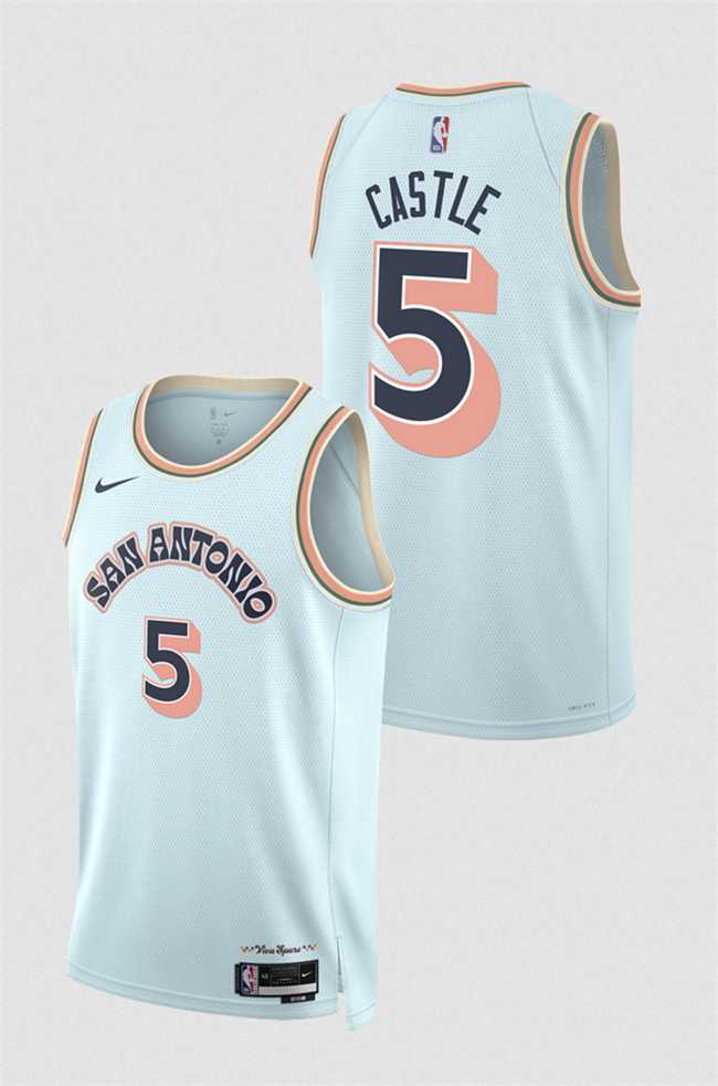 Mens San Antonio Spurs #5 Stephon Castle Light Blue 2024-25 City Edition Stitched Jersey Dzhi